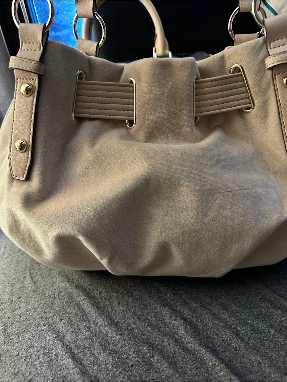 Juicy Couture Beige Suede Shoulder Bag with Leopard Wristlet